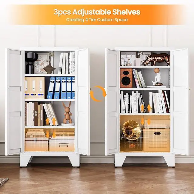 Alt view image 5 of 7 - Metal White Storage Cabinet with 2 Doors and 3 Adjustable Shelves, 47.3" Tall Kitchen Pantry cabinets, Modern Food Pantry Cabinet,4 Tier Freestanding Framed Panel Door Cupboard for Kitchen Dining Room