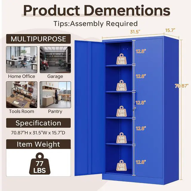Alt view image 3 of 7 - Metal Storage Cabinet with Lock, 71" Black Garage Cabinets with 2 Doors and 4 Adjustable Shelves, Steel Locking Caninet Tall Tool Storage Cabnet, Lockable File Caninets for Home Office, Pantry