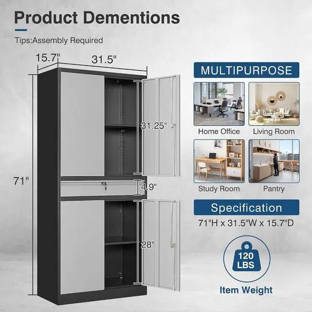 Alt view image 2 of 7 - Metal Storage Cabinet with Lock, 71" Tall Garage Storage Cabinets with Doors and Shelves, Lockable Tool Cabinet for Home Office, Garage, Pantry