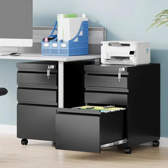 Alt view image 2 of 7 - 3 Drawer Mobile File Cabinet with Lock, Rolling Filing Cabinets for Home Office, Under Desk Small File Cabinet Three Drawers for Legal/Letter/A4 File, Black - Assembly Required