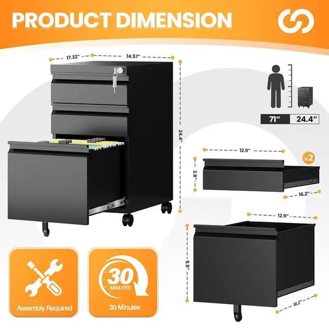 Alt view image 3 of 7 - 3 Drawer Mobile File Cabinet with Lock, Rolling Filing Cabinets for Home Office, Under Desk Small File Cabinet Three Drawers for Legal/Letter/A4 File, Black - Assembly Required