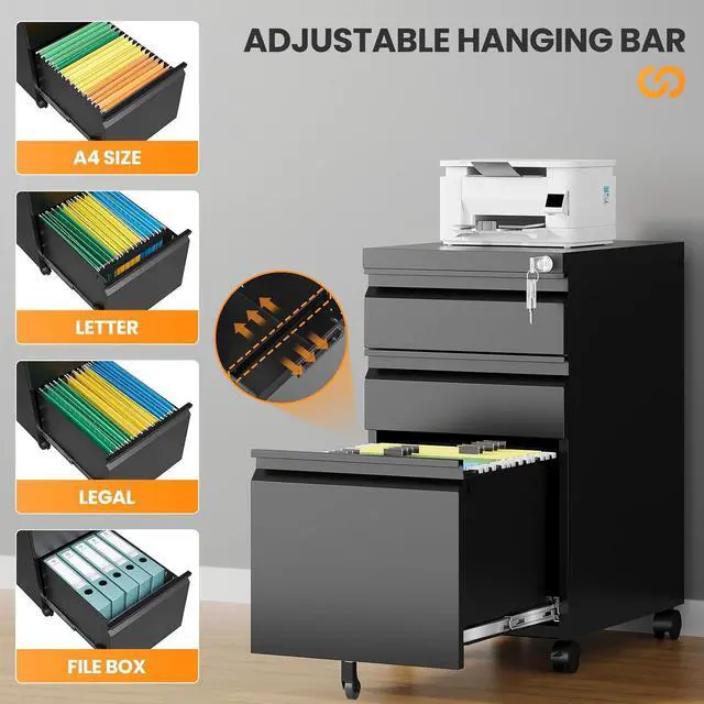 Alt view image 6 of 7 - 3 Drawer Mobile File Cabinet with Lock, Rolling Filing Cabinets for Home Office, Under Desk Small File Cabinet Three Drawers for Legal/Letter/A4 File, Black - Assembly Required