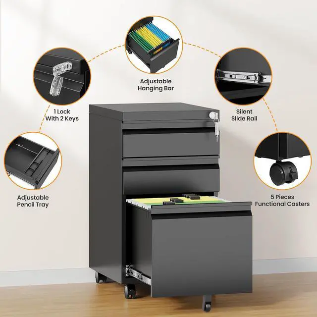 Alt view image 7 of 7 - 3 Drawer Mobile File Cabinet with Lock, Rolling Filing Cabinets for Home Office, Under Desk Small File Cabinet Three Drawers for Legal/Letter/A4 File, Black - Assembly Required