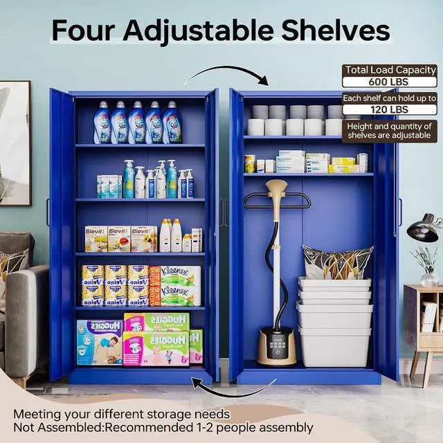 Alt view image 4 of 7 - Metal Storage Cabinet with Lock, 71" Black Garage Cabinets with 2 Doors and 4 Adjustable Shelves, Steel Locking Caninet Tall Tool Storage Cabnet, Lockable File Caninets for Home Office, Pantry