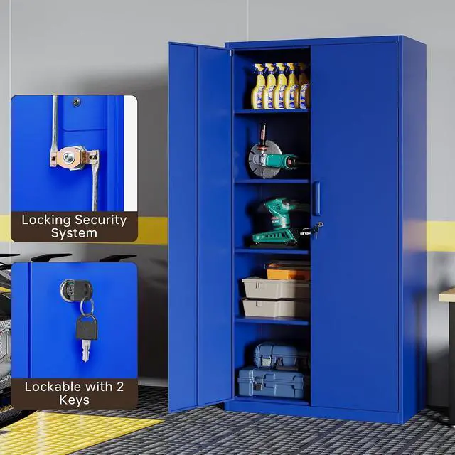 Alt view image 6 of 7 - Metal Storage Cabinet with Lock, 71" Black Garage Cabinets with 2 Doors and 4 Adjustable Shelves, Steel Locking Caninet Tall Tool Storage Cabnet, Lockable File Caninets for Home Office, Pantry