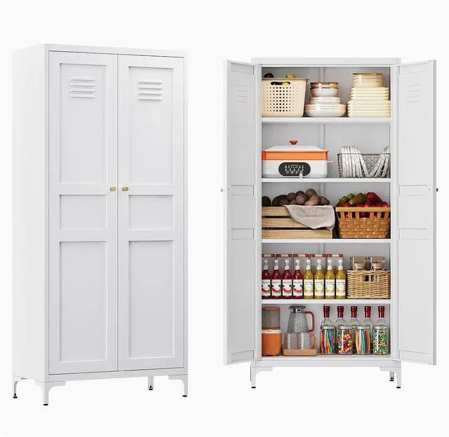 Main image of 61" Tall Kitchen Pantry Storage Cabinet with 2 Doors and 4 Adjustable Shelve, Metal White Food Pantry Cabinet, Kitchen Cabinet Storage Unit,5 Tier Freestanding Cupboard for Kitchen Dining/Living Room
