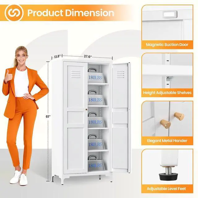 Alt view image 3 of 7 - 61" Tall Kitchen Pantry Storage Cabinet with 2 Doors and 4 Adjustable Shelve, Metal White Food Pantry Cabinet, Kitchen Cabinet Storage Unit,5 Tier Freestanding Cupboard for Kitchen Dining/Living Room