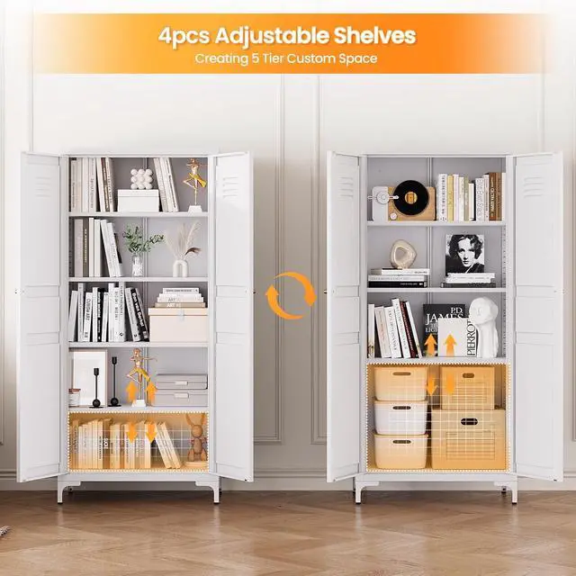 Alt view image 5 of 7 - 61" Tall Kitchen Pantry Storage Cabinet with 2 Doors and 4 Adjustable Shelve, Metal White Food Pantry Cabinet, Kitchen Cabinet Storage Unit,5 Tier Freestanding Cupboard for Kitchen Dining/Living Room