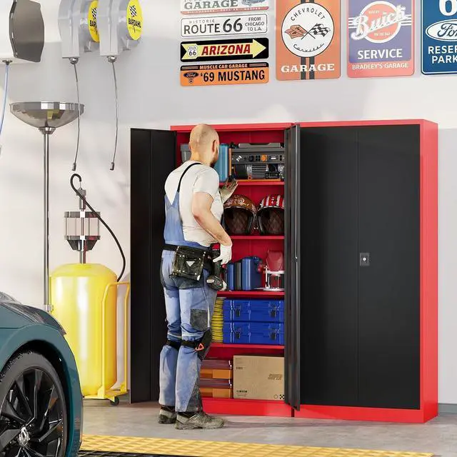 Alt view image 2 of 7 - Metal Garage Storage Cabinets with Lock, 72" Tall Tool Cabinet with 2 Door and 4 Adjustable Shelves, Locking Garage Cabinets and Lockable Steel Locker for Home Office Warehouse-(Red Black-72H)