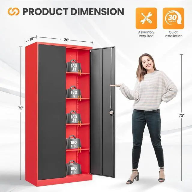 Alt view image 3 of 7 - Metal Garage Storage Cabinets with Lock, 72" Tall Tool Cabinet with 2 Door and 4 Adjustable Shelves, Locking Garage Cabinets and Lockable Steel Locker for Home Office Warehouse-(Red Black-72H)