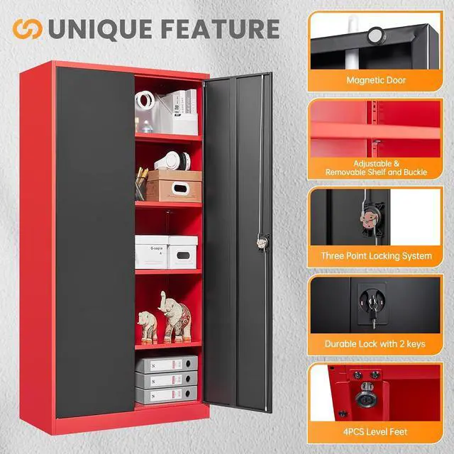 Alt view image 6 of 7 - Metal Garage Storage Cabinets with Lock, 72" Tall Tool Cabinet with 2 Door and 4 Adjustable Shelves, Locking Garage Cabinets and Lockable Steel Locker for Home Office Warehouse-(Red Black-72H)