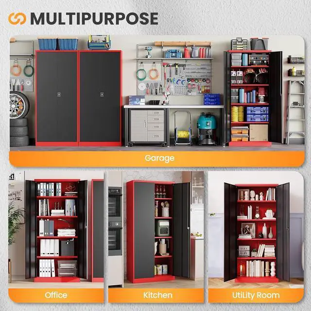 Alt view image 7 of 7 - Metal Garage Storage Cabinets with Lock, 72" Tall Tool Cabinet with 2 Door and 4 Adjustable Shelves, Locking Garage Cabinets and Lockable Steel Locker for Home Office Warehouse-(Red Black-72H)