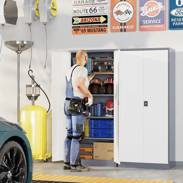 Alt view image 2 of 7 - Metal Garage Storage Cabinets with Lock, 72" Tall Tool Cabinet with 2 Door and 4 Adjustable Shelves, Locking Garage Cabinets and Lockable Steel Locker for Home Office Warehouse-(Gray White-72H)