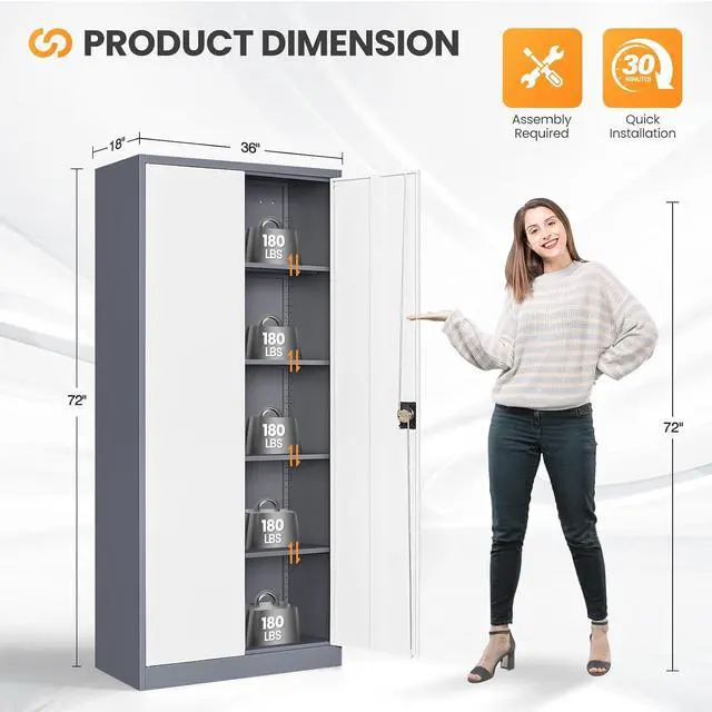 Alt view image 3 of 7 - Metal Garage Storage Cabinets with Lock, 72" Tall Tool Cabinet with 2 Door and 4 Adjustable Shelves, Locking Garage Cabinets and Lockable Steel Locker for Home Office Warehouse-(Gray White-72H)