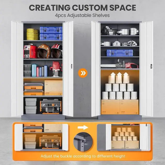 Alt view image 4 of 7 - Metal Garage Storage Cabinets with Lock, 72" Tall Tool Cabinet with 2 Door and 4 Adjustable Shelves, Locking Garage Cabinets and Lockable Steel Locker for Home Office Warehouse-(Gray White-72H)