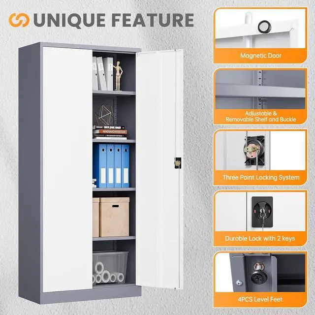 Alt view image 6 of 7 - Metal Garage Storage Cabinets with Lock, 72" Tall Tool Cabinet with 2 Door and 4 Adjustable Shelves, Locking Garage Cabinets and Lockable Steel Locker for Home Office Warehouse-(Gray White-72H)