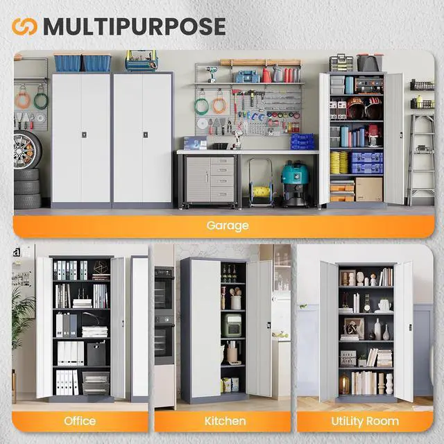 Alt view image 7 of 7 - Metal Garage Storage Cabinets with Lock, 72" Tall Tool Cabinet with 2 Door and 4 Adjustable Shelves, Locking Garage Cabinets and Lockable Steel Locker for Home Office Warehouse-(Gray White-72H)