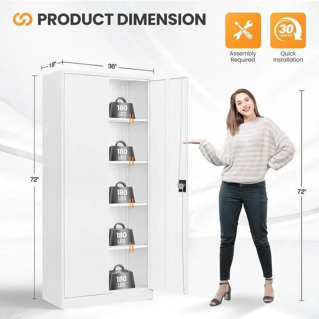 Alt view image 3 of 7 - Metal Garage Storage Cabinets with Lock, 72" Tall Tool Cabinet with 2 Door and 4 Adjustable Shelves, Locking Garage Cabinets and Lockable Steel Locker for Home Office Warehouse - (White-72H)