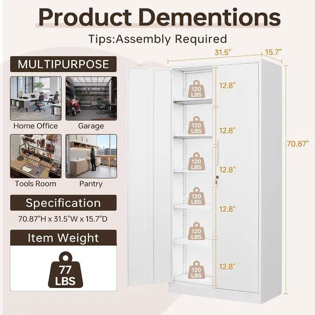 Alt view image 3 of 7 - Metal Storage Cabinet with Lock, 71" White Garage Cabinets with 2 Doors and 5 Adjustable Shelves, Steel Locking Caninets Tall Tool Utility Caninet, Lockable File Cabnet for Home Office, Pantry