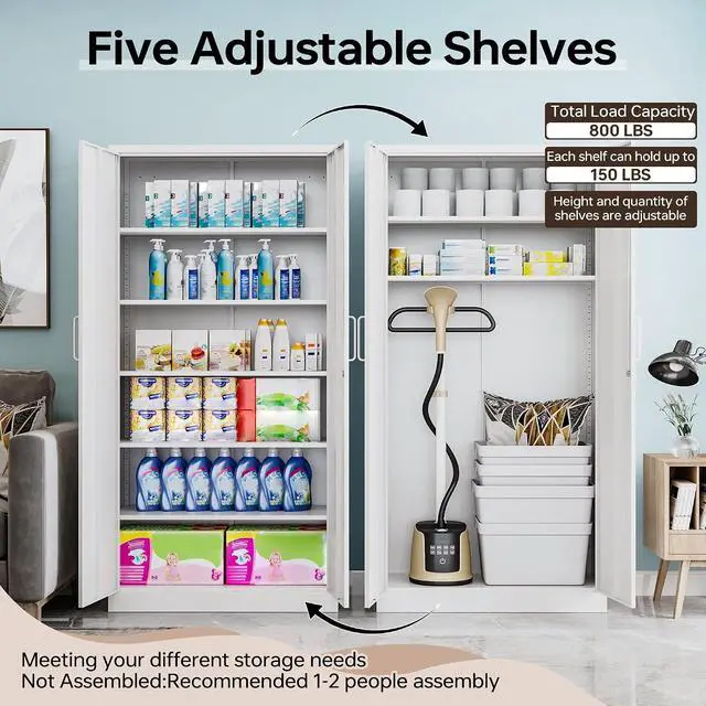 Alt view image 5 of 7 - Metal Storage Cabinet with Lock, 71" White Garage Cabinets with 2 Doors and 5 Adjustable Shelves, Steel Locking Caninets Tall Tool Utility Caninet, Lockable File Cabnet for Home Office, Pantry