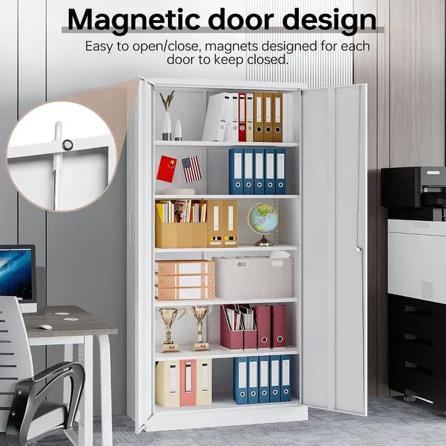 Alt view image 6 of 7 - Metal Storage Cabinet with Lock, 71" White Garage Cabinets with 2 Doors and 5 Adjustable Shelves, Steel Locking Caninets Tall Tool Utility Caninet, Lockable File Cabnet for Home Office, Pantry