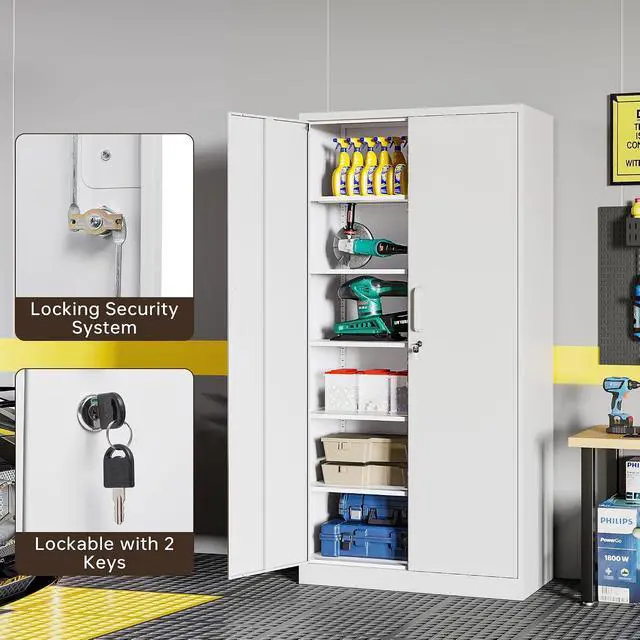 Alt view image 7 of 7 - Metal Storage Cabinet with Lock, 71" White Garage Cabinets with 2 Doors and 5 Adjustable Shelves, Steel Locking Caninets Tall Tool Utility Caninet, Lockable File Cabnet for Home Office, Pantry