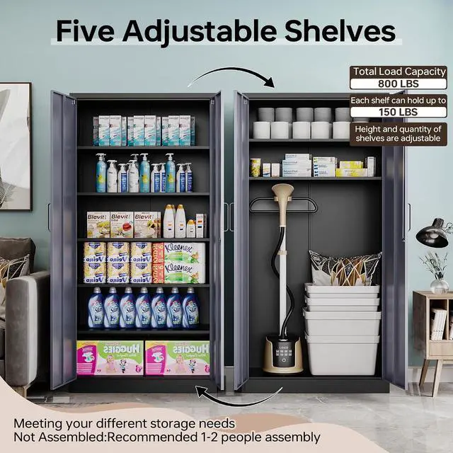 Alt view image 3 of 7 - Metal Garage Cabinets, 72" Tall Locking Storage Cabinets with 2 Doors and 5 Adjustable Shelves, Steel Utility Tool Cabinet, Lockable Outdoor Storage Cabinet for Pantry, Garage, Home Office