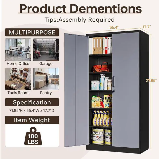 Alt view image 4 of 7 - Metal Garage Cabinets, 72" Tall Locking Storage Cabinets with 2 Doors and 5 Adjustable Shelves, Steel Utility Tool Cabinet, Lockable Outdoor Storage Cabinet for Pantry, Garage, Home Office