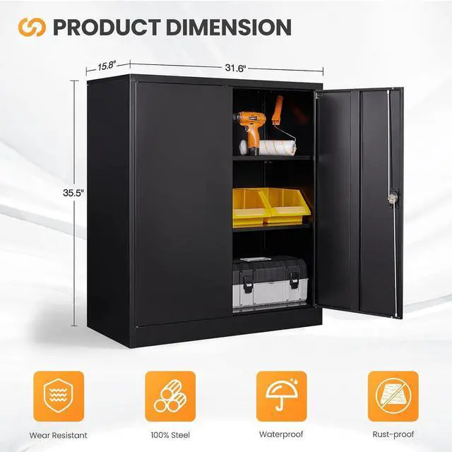 Alt view image 3 of 7 - Metal Storage Cabinet, 35.4'' Tall Small Storage Cabinet with Doors and Shelves, Locking Cabinet for Home Office, Garage, Utility Room, Warehouse, Black