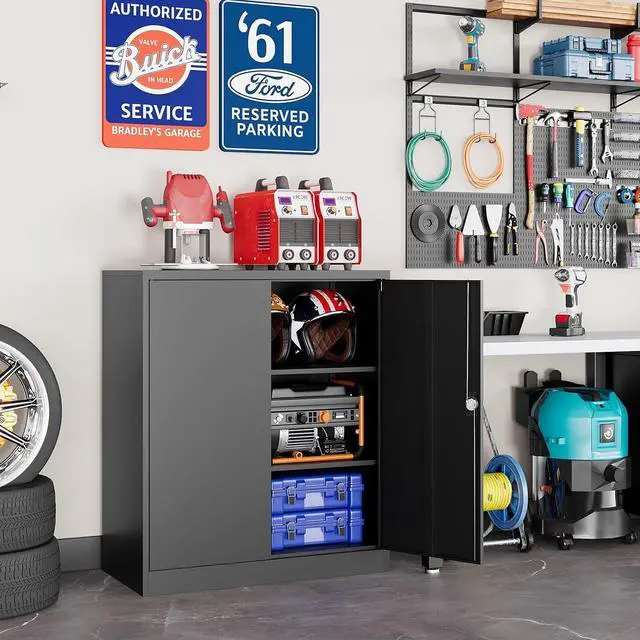 Alt view image 2 of 7 - Metal Storage Cabinet, 35.4'' Tall Small Storage Cabinet with Doors and Shelves, Locking Cabinet for Home Office, Garage, Utility Room, Warehouse, Black