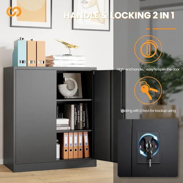 Alt view image 5 of 7 - Metal Storage Cabinet, 35.4'' Tall Small Storage Cabinet with Doors and Shelves, Locking Cabinet for Home Office, Garage, Utility Room, Warehouse, Black
