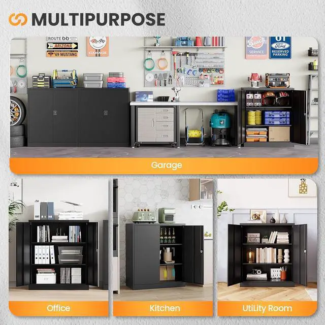 Alt view image 7 of 7 - Metal Storage Cabinet, 35.4'' Tall Small Storage Cabinet with Doors and Shelves, Locking Cabinet for Home Office, Garage, Utility Room, Warehouse, Black