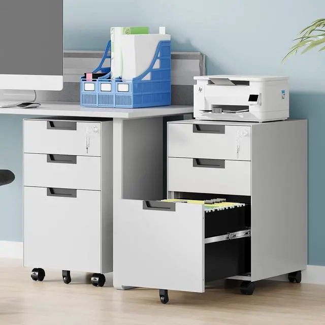 Alt view image 2 of 7 - 3 Drawer File Cabinet with Lock, Fully Assembled Metal Mobile Filing Cabinets for Home Office, Small Rolling File Caninet on Wheels for Legal/Letter / A4 File, White