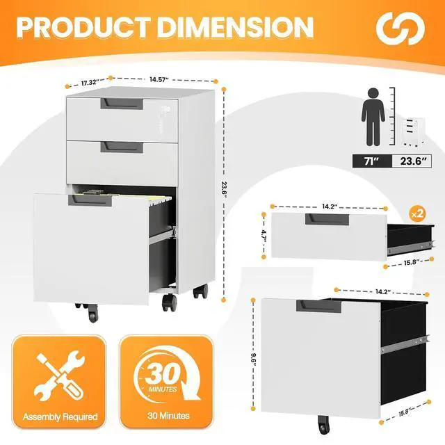 Alt view image 3 of 7 - 3 Drawer File Cabinet with Lock, Fully Assembled Metal Mobile Filing Cabinets for Home Office, Small Rolling File Caninet on Wheels for Legal/Letter / A4 File, White