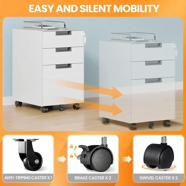 Alt view image 4 of 7 - 3 Drawer File Cabinet with Lock, Fully Assembled Metal Mobile Filing Cabinets for Home Office, Small Rolling File Caninet on Wheels for Legal/Letter / A4 File, White