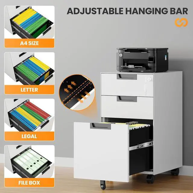 Alt view image 5 of 7 - 3 Drawer File Cabinet with Lock, Fully Assembled Metal Mobile Filing Cabinets for Home Office, Small Rolling File Caninet on Wheels for Legal/Letter / A4 File, White