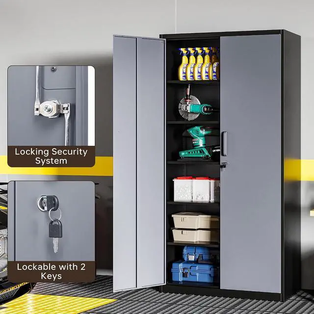 Alt view image 6 of 7 - Metal Garage Cabinets, 72" Tall Locking Storage Cabinets with 2 Doors and 5 Adjustable Shelves, Steel Utility Tool Cabinet, Lockable Outdoor Storage Cabinet for Pantry, Garage, Home Office