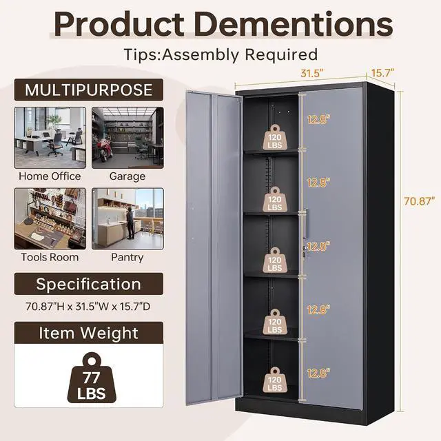 Alt view image 3 of 7 - Metal Storage Cabinet with Lock,71" Garage Cabinets with 2 Doors and 4 Adjustable Shelves, Steel Locking Caninets Tall Tool Storage Caninet, Lockable File Cabnet for Home Office, Pantry