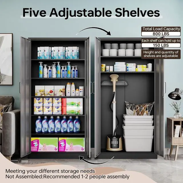 Alt view image 5 of 7 - Metal Storage Cabinet with Lock,71" Garage Cabinets with 2 Doors and 4 Adjustable Shelves, Steel Locking Caninets Tall Tool Storage Caninet, Lockable File Cabnet for Home Office, Pantry