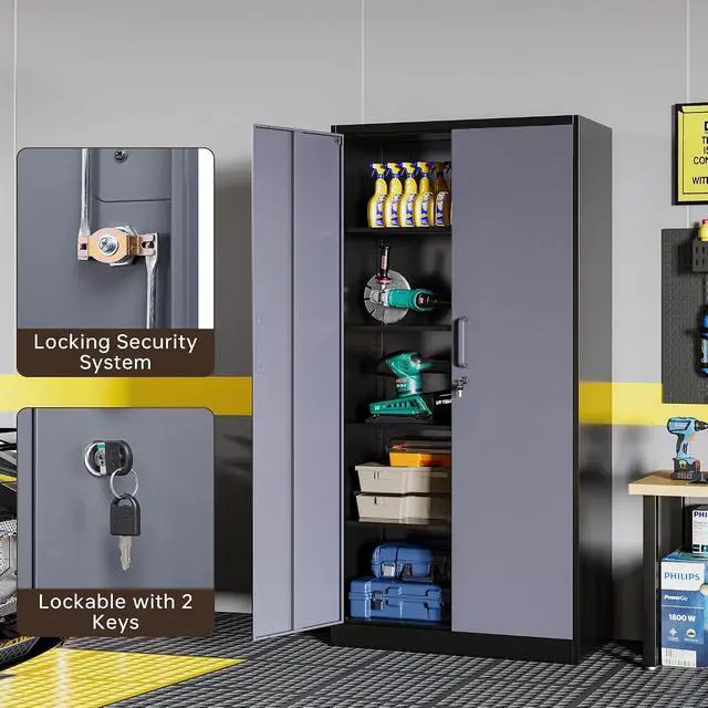 Alt view image 7 of 7 - Metal Storage Cabinet with Lock,71" Garage Cabinets with 2 Doors and 4 Adjustable Shelves, Steel Locking Caninets Tall Tool Storage Caninet, Lockable File Cabnet for Home Office, Pantry