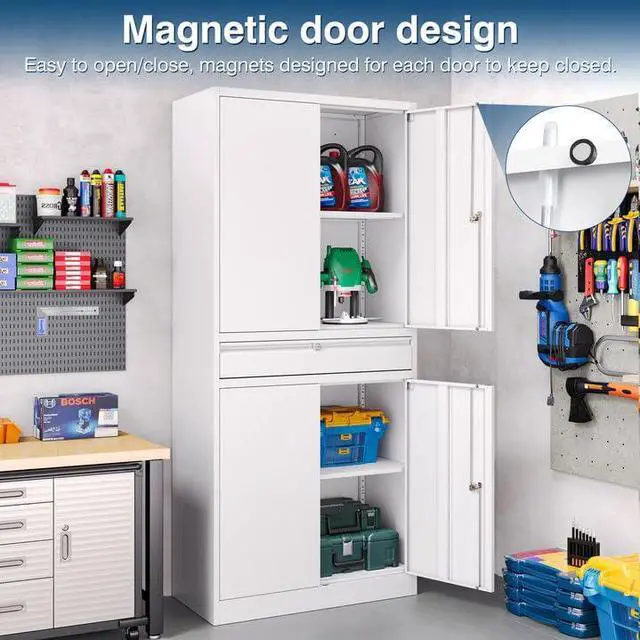 Alt view image 3 of 7 - White Metal Storage Cabinet with Lock, 71" Tall Garage Storage Cabinets with Doors and Shelves, Lockable Tool Caninet Steel Locking Cabnets File Caninet for Home Office, Garage, Pantry
