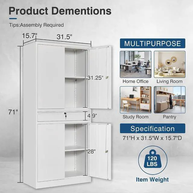 Alt view image 2 of 7 - White Metal Storage Cabinet with Lock, 71" Tall Garage Storage Cabinets with Doors and Shelves, Lockable Tool Caninet Steel Locking Cabnets File Caninet for Home Office, Garage, Pantry