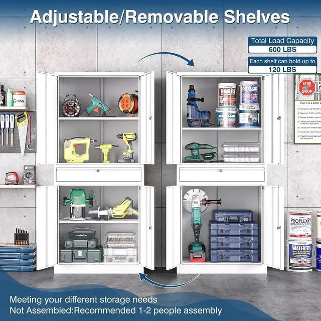 Alt view image 4 of 7 - White Metal Storage Cabinet with Lock, 71" Tall Garage Storage Cabinets with Doors and Shelves, Lockable Tool Caninet Steel Locking Cabnets File Caninet for Home Office, Garage, Pantry