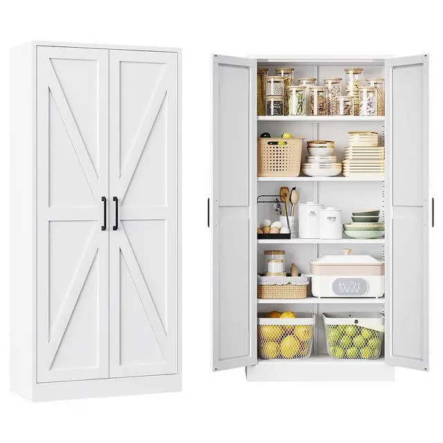 Main image of Metal White Storage Cabinet with 2 Doors and 4 Adjustable Shelve, 61" Tall Kitchen Pantry cabinets, Farmhouse Food Pantry Cabinet,5 Tier Freestanding Barn Door Cupboard for Kitchen Dining/Living Room