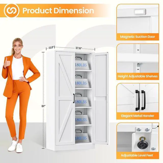 Alt view image 3 of 7 - Metal White Storage Cabinet with 2 Doors and 4 Adjustable Shelve, 61" Tall Kitchen Pantry cabinets, Farmhouse Food Pantry Cabinet,5 Tier Freestanding Barn Door Cupboard for Kitchen Dining/Living Room