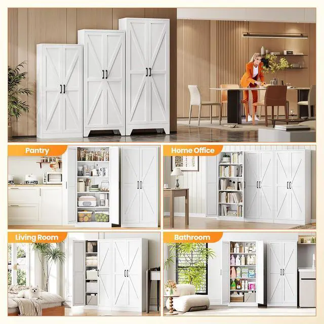 Alt view image 4 of 7 - Metal White Storage Cabinet with 2 Doors and 4 Adjustable Shelve, 61" Tall Kitchen Pantry cabinets, Farmhouse Food Pantry Cabinet,5 Tier Freestanding Barn Door Cupboard for Kitchen Dining/Living Room