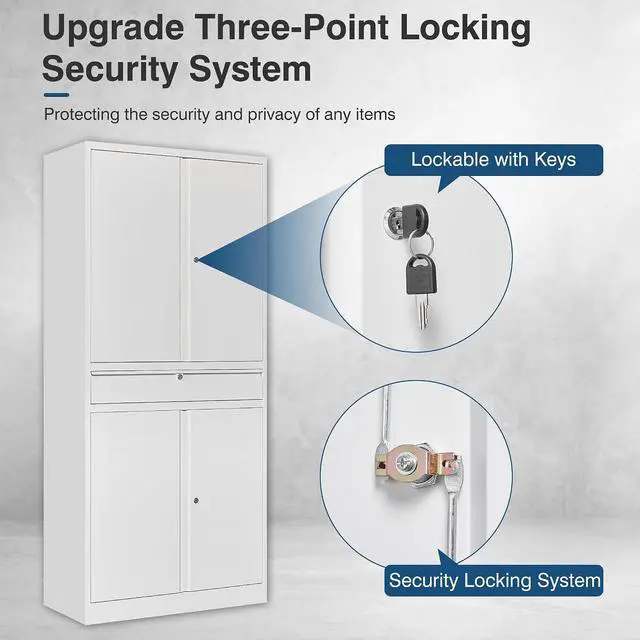 Alt view image 5 of 7 - White Metal Storage Cabinet with Lock, 71" Tall Garage Storage Cabinets with Doors and Shelves, Lockable Tool Caninet Steel Locking Cabnets File Caninet for Home Office, Garage, Pantry