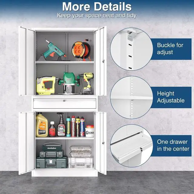 Alt view image 6 of 7 - White Metal Storage Cabinet with Lock, 71" Tall Garage Storage Cabinets with Doors and Shelves, Lockable Tool Caninet Steel Locking Cabnets File Caninet for Home Office, Garage, Pantry