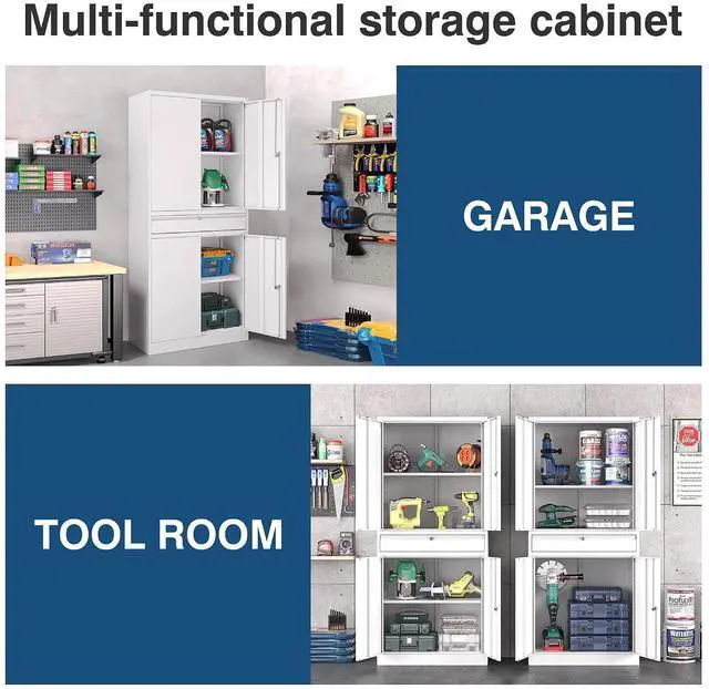 Alt view image 7 of 7 - White Metal Storage Cabinet with Lock, 71" Tall Garage Storage Cabinets with Doors and Shelves, Lockable Tool Caninet Steel Locking Cabnets File Caninet for Home Office, Garage, Pantry