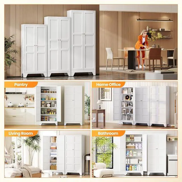 Alt view image 4 of 7 - 71" Tall Kitchen Cabinet Storage Unit With 2 Doors and 4 Adjustable Shelves, Metal White Freestanding Cupboard, 5 Tier Kitchen Pantry Storage Cabinet for Kitchen Dining/Living Room/Garage/Home/Office